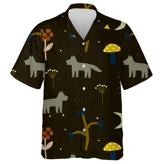 Forest Elements And Wolfs On Dark Background Hawaiian Shirt, Hawaiian Shirt Gift, Christmas Gift