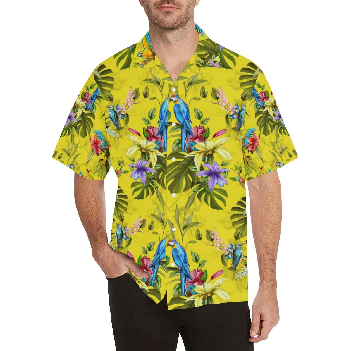 Colorful Parrot Pattern Men's All Over Print Hawaiian Aloha Shirt, Hwaiian For Gift