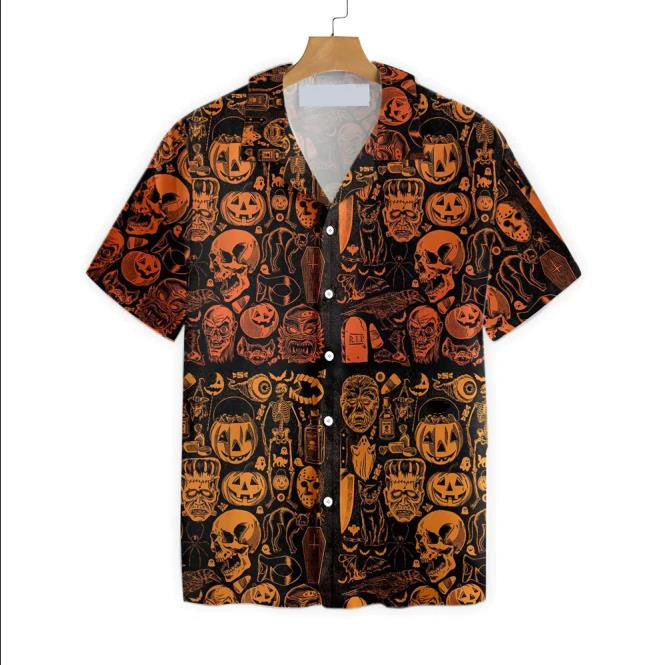 Orange Pumpkin Skull Born Halloween Hawaiian Shirt,Hawaiian Shirt Gift, Christmas Gift