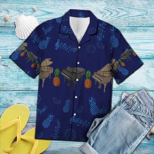 Pineapple Pianó Le Nótaí Ceoil I Léine Haváís Deep Blue, Bronntanas Léine Haváíais, Bronntanas Nollag