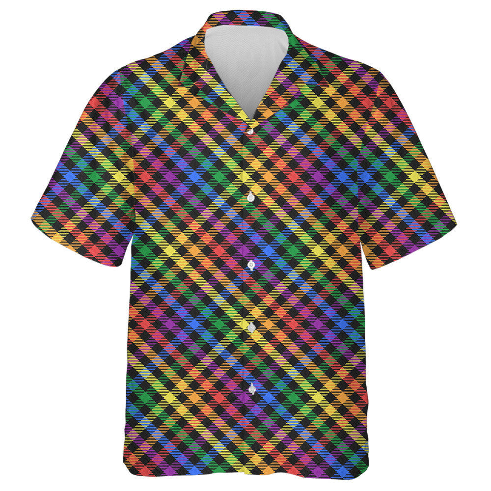 Rainbow LGBT Colors Tartan On Black Diagonal Hawaiian Shirt, Hawaiian Shirt Gift, Christmas Gift