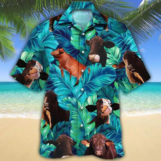 Teal Tropical Leaf Santa Gertrudis Cattle Lover Hawaiian Shirt, Hawaiian Shirt Gift, Christmas Gift
