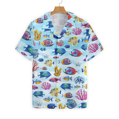 Fish And Corals On Blue Background Pattern Hawaiian Shirt, Hawaiian Shirt Gift, Christmas Gift