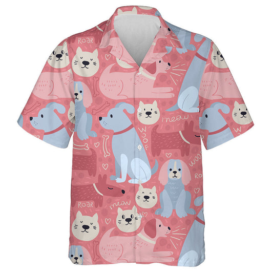 Cartoon Pink Dogs And Cats Isolated Background Hawaiian Shirt, Hawaiian Shirt Gift, Christmas Gift
