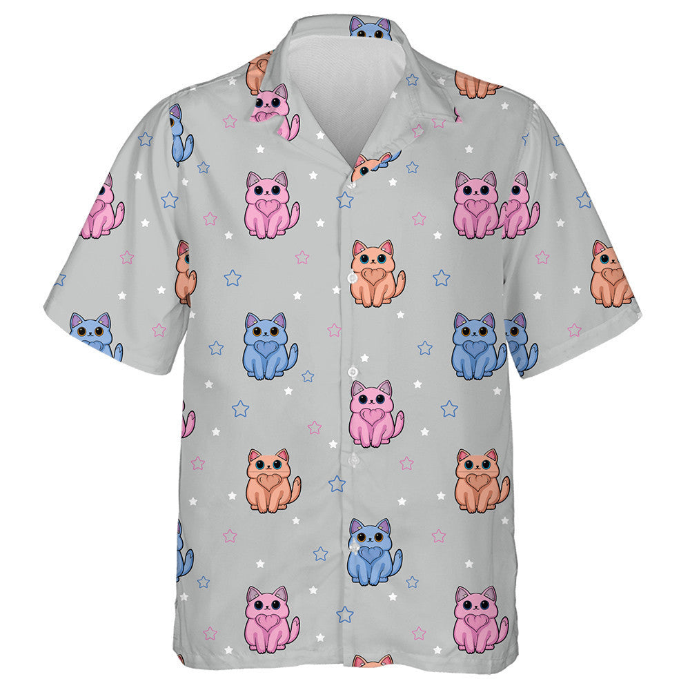 Little Cat And Stars On The Grey Background Hawaiian Shirt, Hawaiian Shirt Gift, Christmas Gift