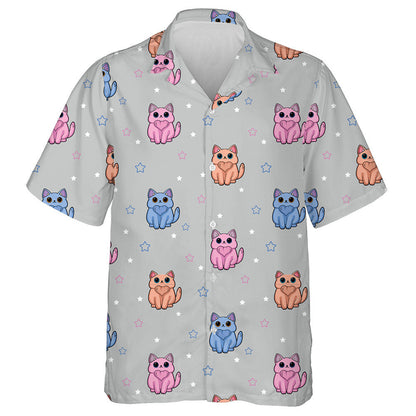 Little Cat And Stars On The Grey Background Hawaiian Shirt, Hawaiian Shirt Gift, Christmas Gift