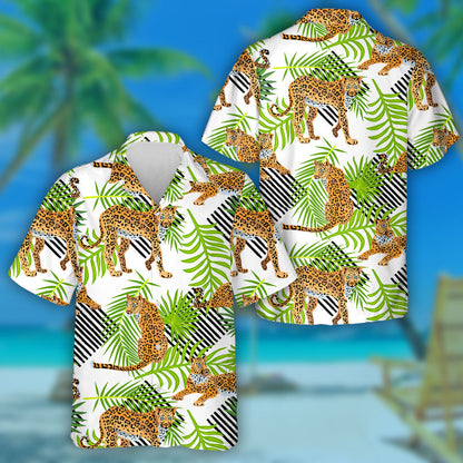 Tropical Leopards Palm Leaves And Stripes Style Hawaiian Shirt, Hawaiian Shirt Gift, Christmas Gift