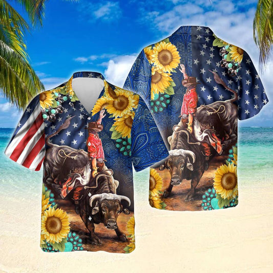 Bull Rodeo Sunflower Hawaiian Shirt,Hawaiian Shirt Gift, Christmas Gift