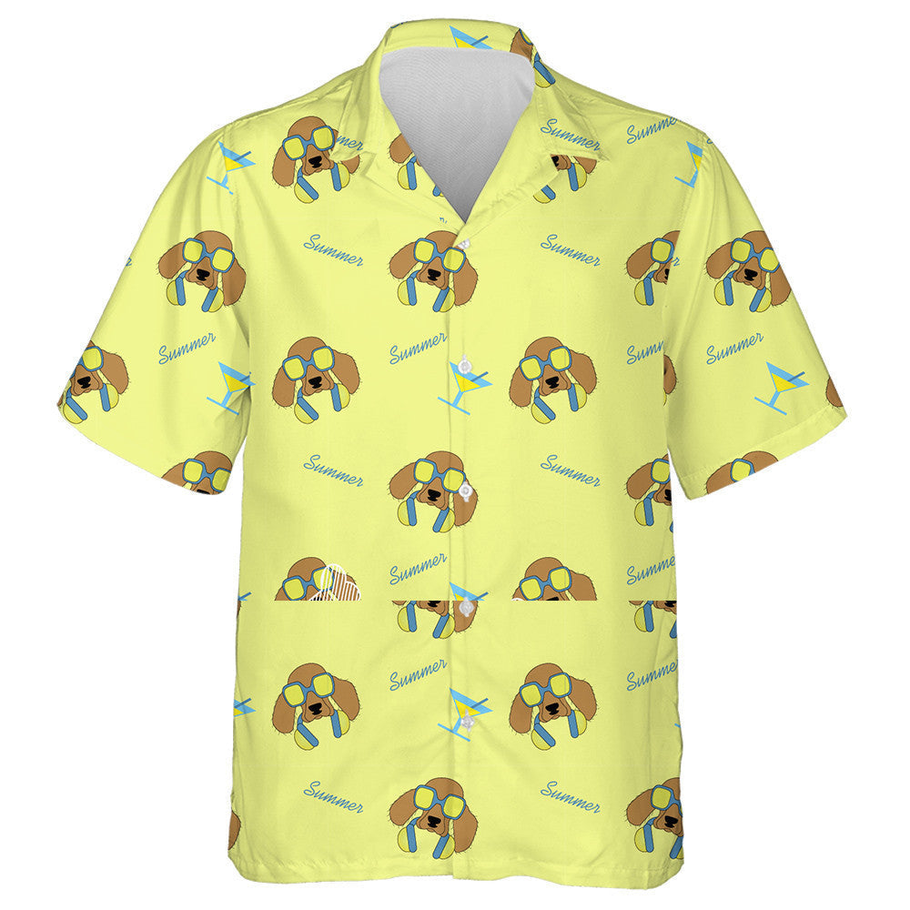 Cúlra Madraí Cartún Spaniel i spéaclaí gréine agus cluasáin Léine haváí, bronntanas Léine haváí, bronntanas Nollag