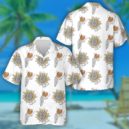 Simple Doodle Style Tulips And Sunflowers Pattern Hawaiian Shirt, Hawaiian Shirt Gift, Christmas Gift
