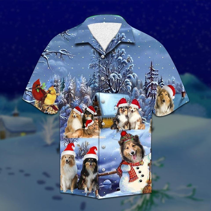 Cute Shelties Family On Christmas Night Design Hawaiian Shirt, Hawaiian Shirt Gift, Christmas Gift