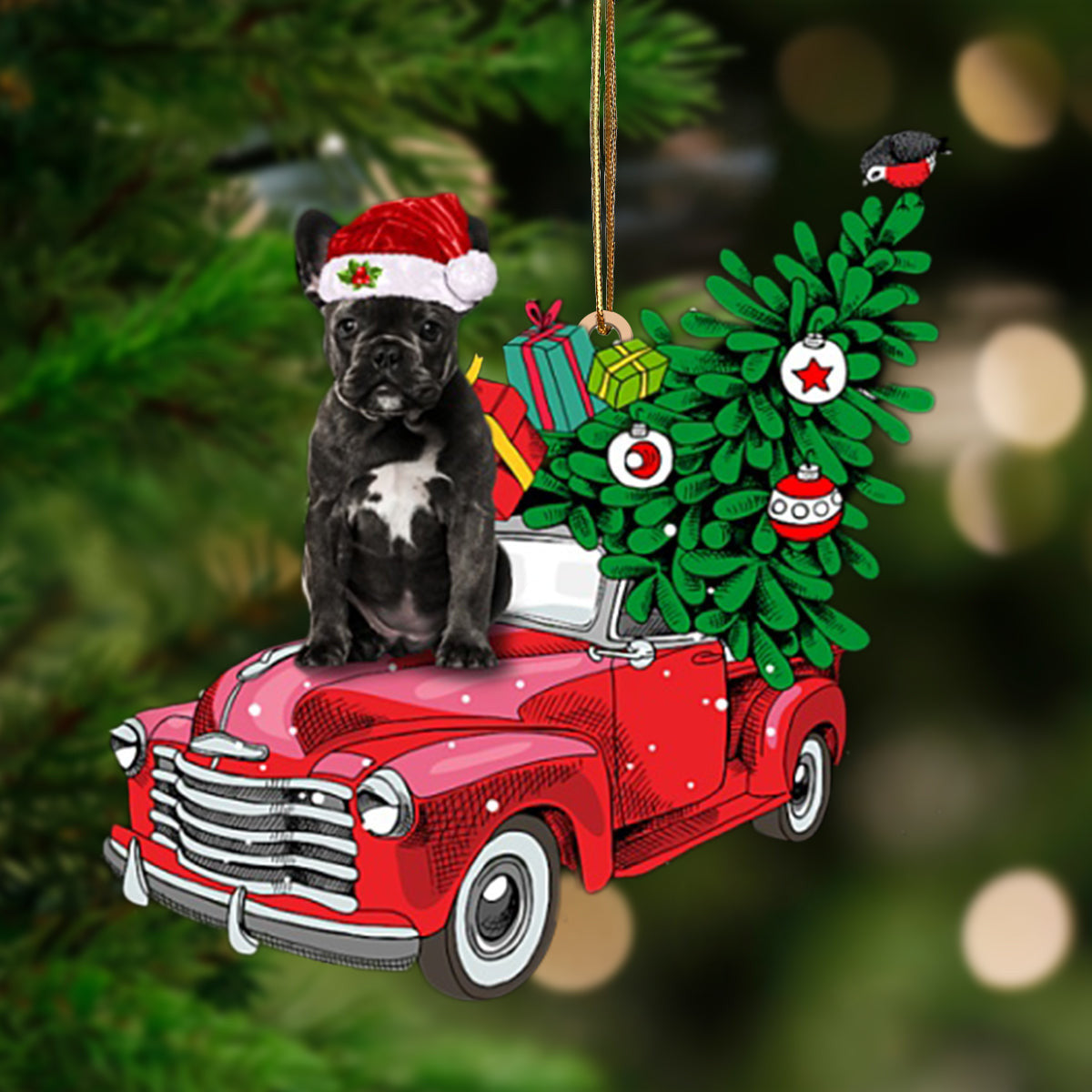 BLACK French Bulldog-Pine Truck Hanging Christmas Plastic Hanging Ornament, Christmas Ornament Gift, Christmas Gift, Christmas Decoration