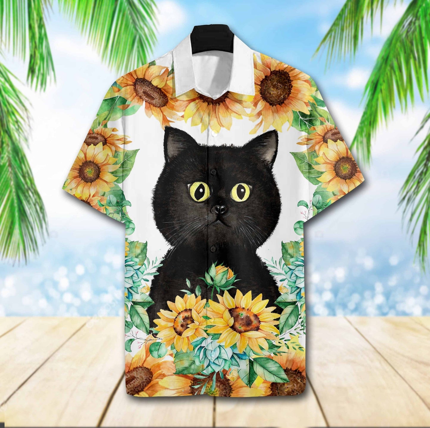 Black Cat Sunflower Design Hawaiian Shirt,Hawaiian For Gift