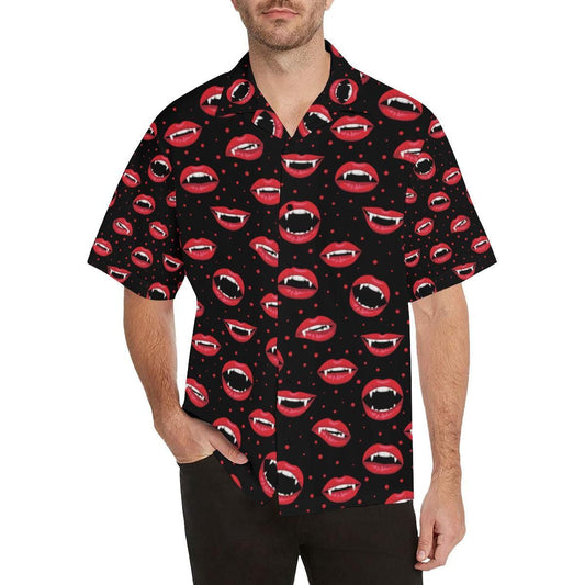 Halloween Lips And Fangs On Black Pattern Hawaiian Shirt, Hawaiian Shirt Gift, Christmas Gift