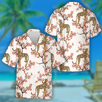 Tropical Vintage Botanical Sakura Tree And Leopard Hawaiian Shirt, Hawaiian Shirt Gift, Christmas Gift