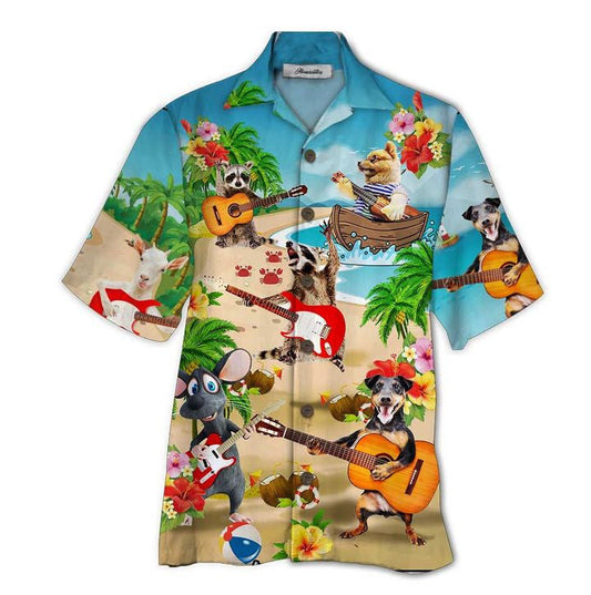 Cartoon Animal Guitar Tropical Background Design Hawaiian Shirt,Hawaiian Shirt Gift, Christmas Gift