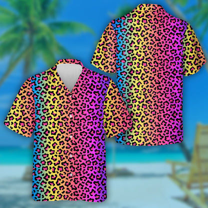 Neon Rainbow Colored Background Leopard Skin Textured Hawaiian Shirt, Hawaiian Shirt Gift, Christmas Gift