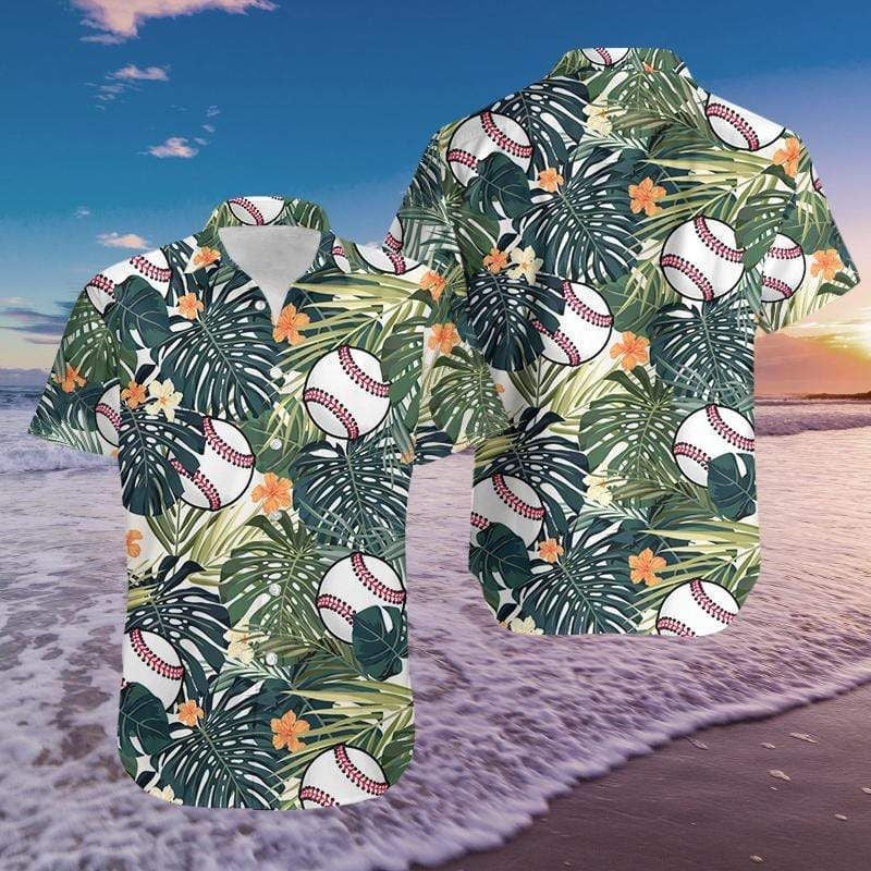Simple Baseball And Palm Leaf Design Hawaiian Shirt,Hawaiian Shirt Gift, Christmas Gift