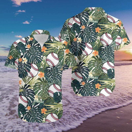 Simple Baseball And Palm Leaf Design Hawaiian Shirt,Hawaiian Shirt Gift, Christmas Gift