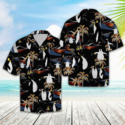 Black Background Penguin On Vacation Pattern Hawaiian Shirt, Hawaiian For Gift
