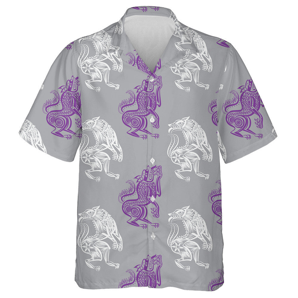 Illustration White And Purple Wolf Doodle Hawaiian Shirt, Hawaiian For Gift