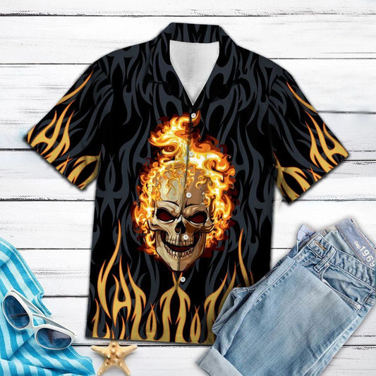 Scary Smile Of Skull Fire Pattern Hawaiian Shirt,Hawaiian Shirt Gift, Christmas Gift