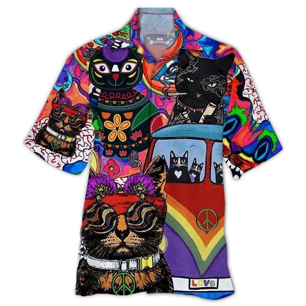 Cats Hippie Background Design Hawaiian Shirt, Hawaiian For Gift
