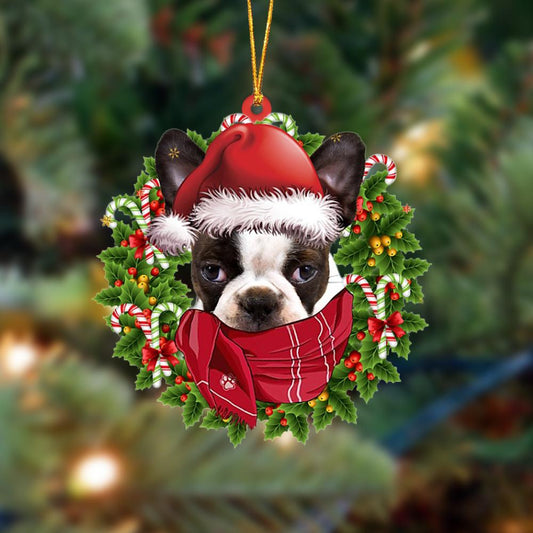BRINDLE Boston Terrier-Xmas Bandana Hanging Christmas Plastic Hanging Ornament, Christmas Ornament Gift, Christmas Gift, Christmas Decoration