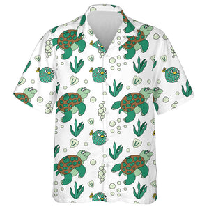 Sea Turtle And Puffer Fish Green Shades Of Color Hawaiian Shirt, Hawaiian Shirt Gift, Christmas Gift
