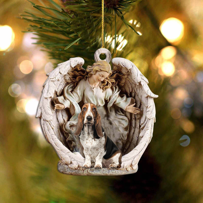 Basset Hound-Angel Hug Winter Love Two Sided Christmas Plastic Hanging Ornament, Christmas Ornament Gift, Christmas Gift, Christmas Decoration