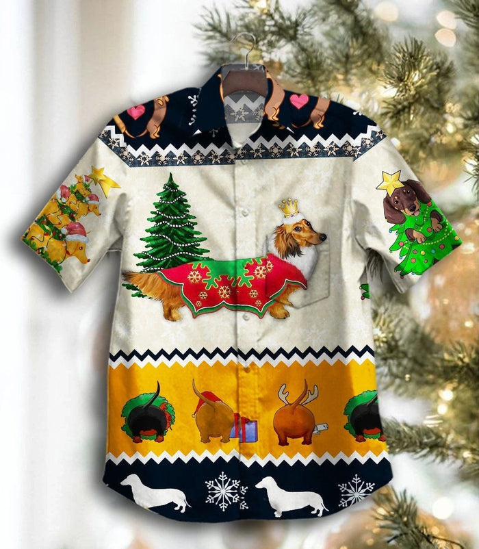 Funny Dachshund With Christmas Tree Design Hawaiian Shirt, Hawaiian Shirt Gift, Christmas Gift