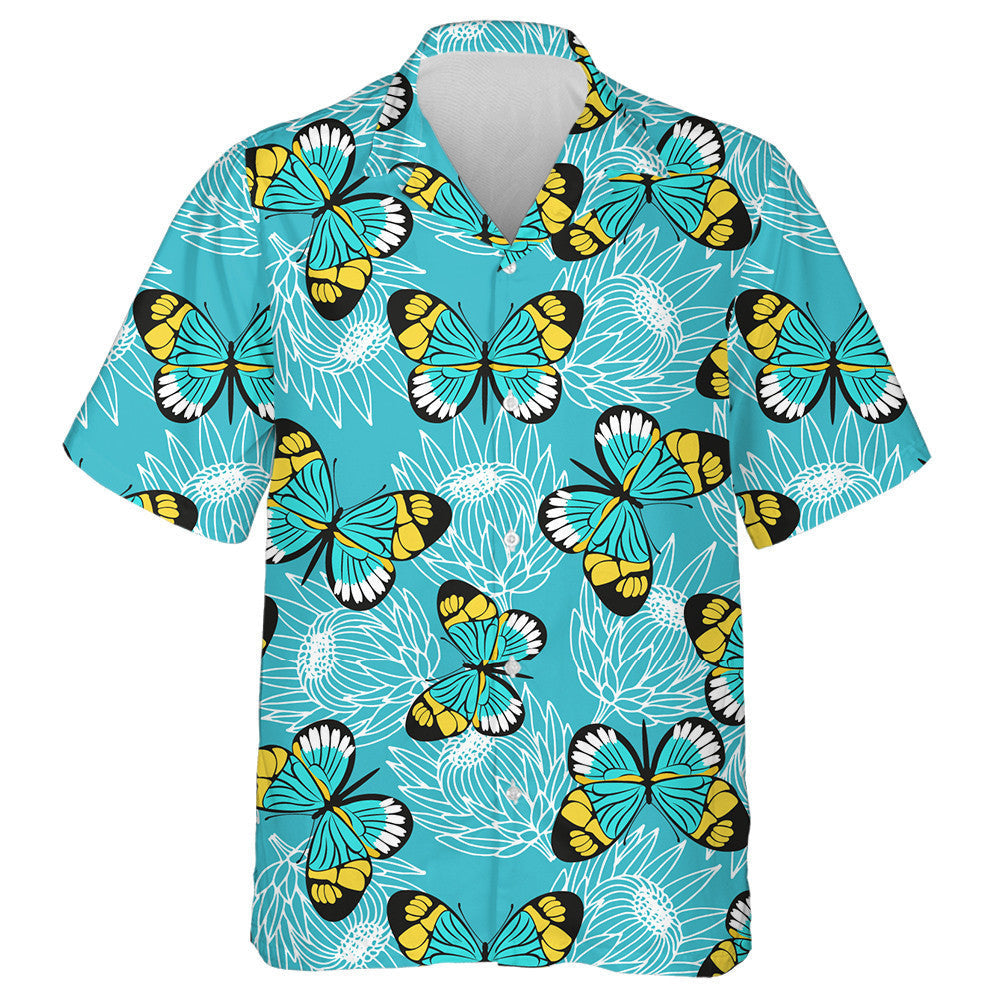 Féileacáin Láimhe Tarraingthe Agus Bláthanna Protea Léine haváíais, haváís le haghaidh bronntanais