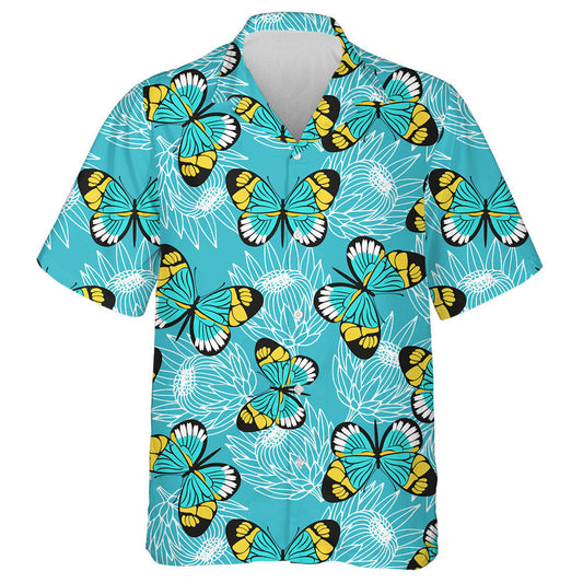 Féileacáin Láimhe Tarraingthe Agus Bláthanna Protea Léine haváíais, haváís le haghaidh bronntanais