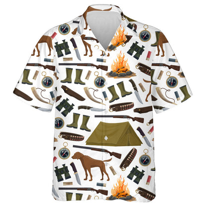 Trealamh Seilge Agus Madra Fiach ar Chúlra Bán Léine Haváís, Bronntanas Léine Haváís, Bronntanas Nollag