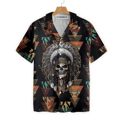 Indian Skull With Tribal Ethnic Design Hawaiian Shirt, Hawaiian For Gift