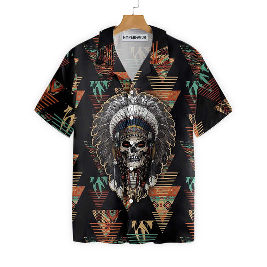 Indian Skull With Tribal Ethnic Design Hawaiian Shirt, Hawaiian For Gift
