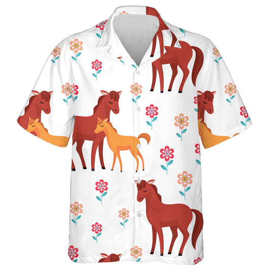 Cartoon Style With Wild Horses And Their Cubs Hawaiian Shirt, Hawaiian Shirt Gift, Christmas Gift