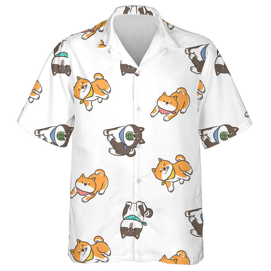 Léaráid Madraí Inu Cartoon Shiba Ar Chúlra Bán Léine Haváíais, Bronntanas Léine Haváíais, Bronntanas Nollag