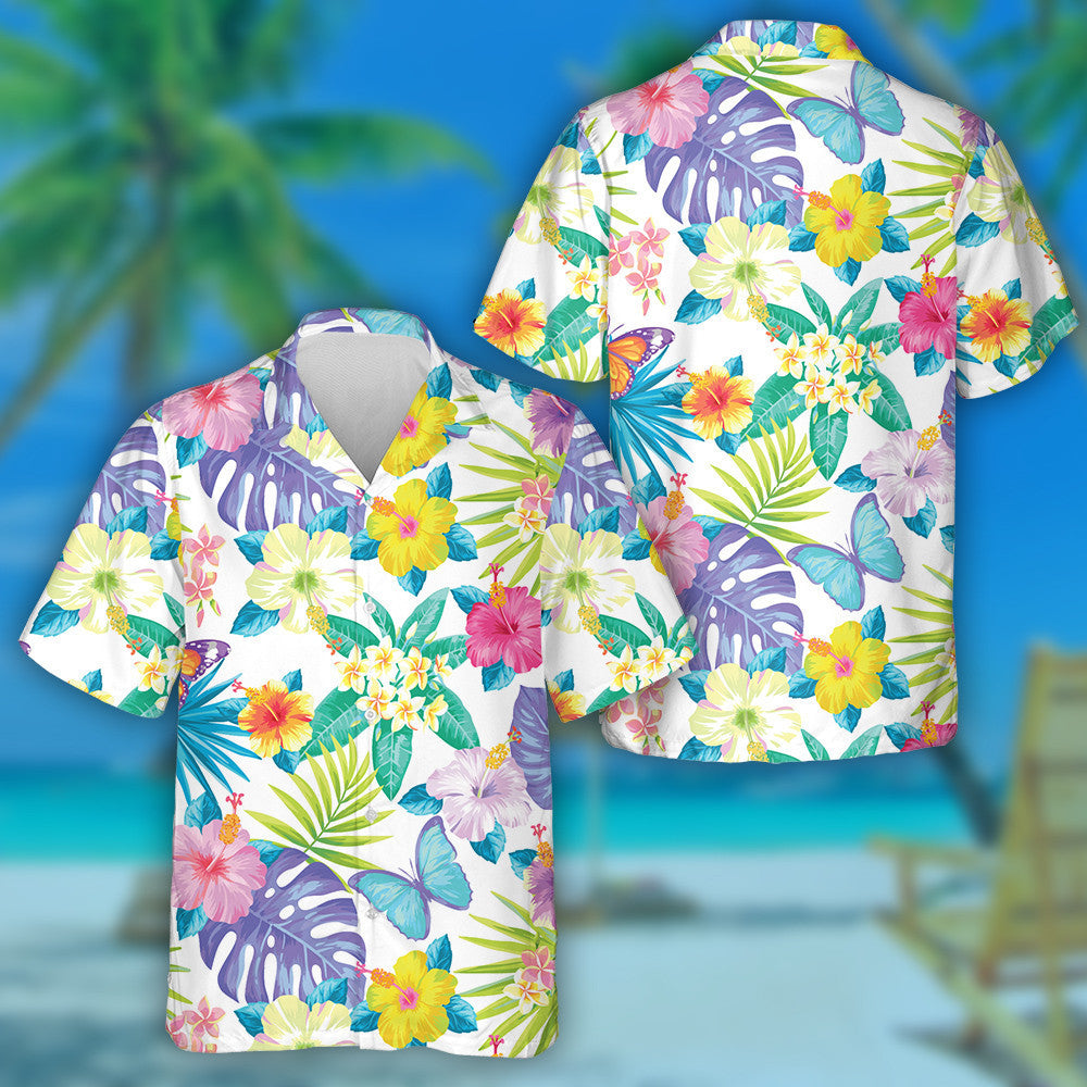 Theme Exotic Flowers Palm Leaves And Butterflies Hawaiian Shirt, Hawaiian Shirt Gift, Christmas Gift