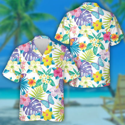 Theme Exotic Flowers Palm Leaves And Butterflies Hawaiian Shirt, Hawaiian Shirt Gift, Christmas Gift