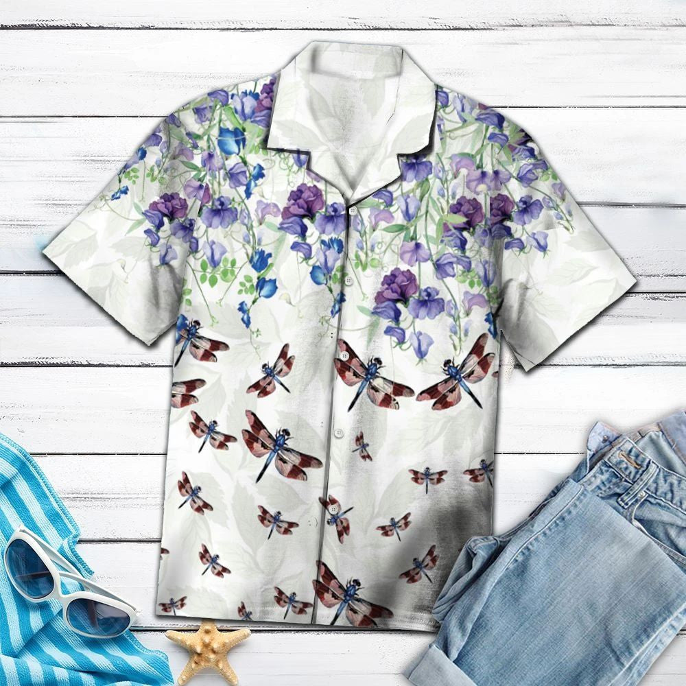 Dragonfly With Orchid Flowers In White Hawaiian Shirt,Hawaiian Shirt Gift, Christmas Gift
