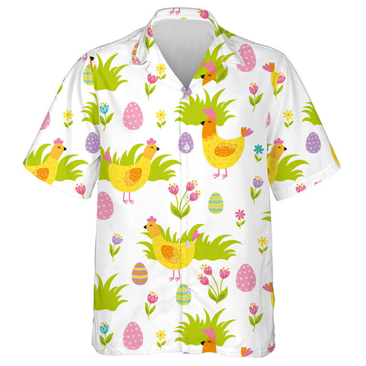 Cute Chickens Grass Colorful Eggs And Flowers Hawaiian Shirt, Hawaiian Shirt Gift, Christmas Gift