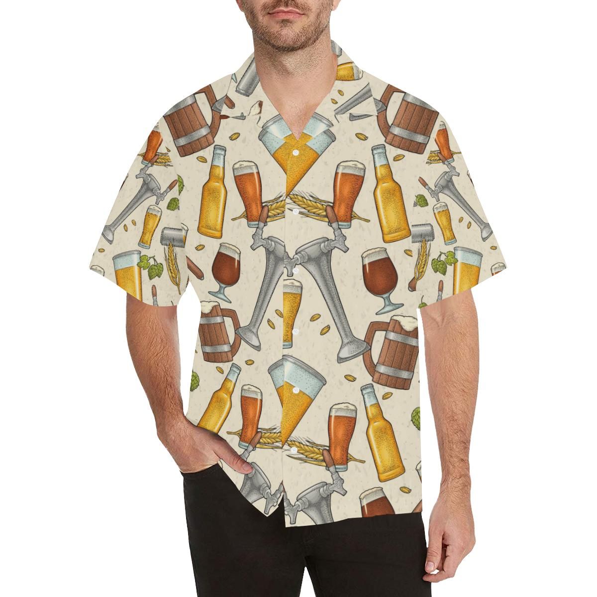Beer Pattern Men's All Over Print Hawaiian Aloha Shirt Hawaiian Shorts Beach Short Sleeve,Hawaiian Shirt Gift, Christmas Gift