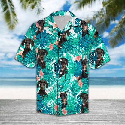 Doberman Hiding Behind Tropical Leave Hawaiian Shirt,Hawaiian Shirt Gift, Christmas Gift
