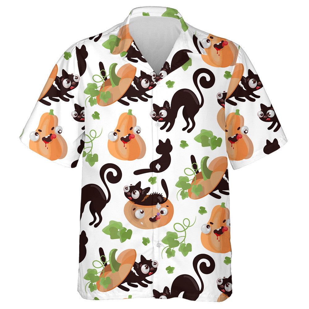 Oíche Shamhna Cat Agus Pumpkin Le Duilleoga Léine haváíais, haváís le haghaidh bronntanais