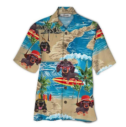 Dachshund Surf Tropical Background Design Hawaiian Shirt,Hawaiian Shirt Gift, Christmas Gift