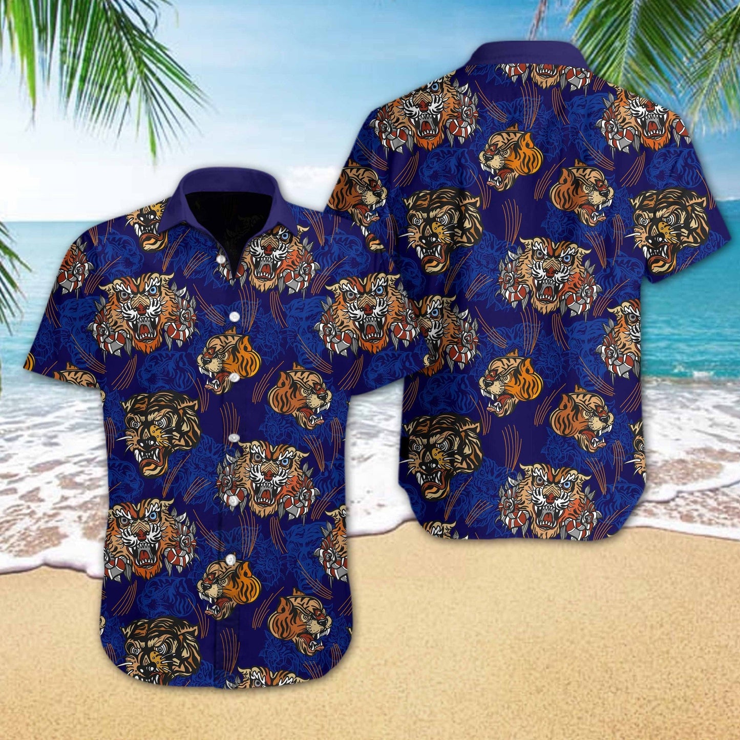 Tiger Tattoo Style On Dark Blue Design Hawaiian Shirt, Hawaiian Shirt Gift, Christmas Gift