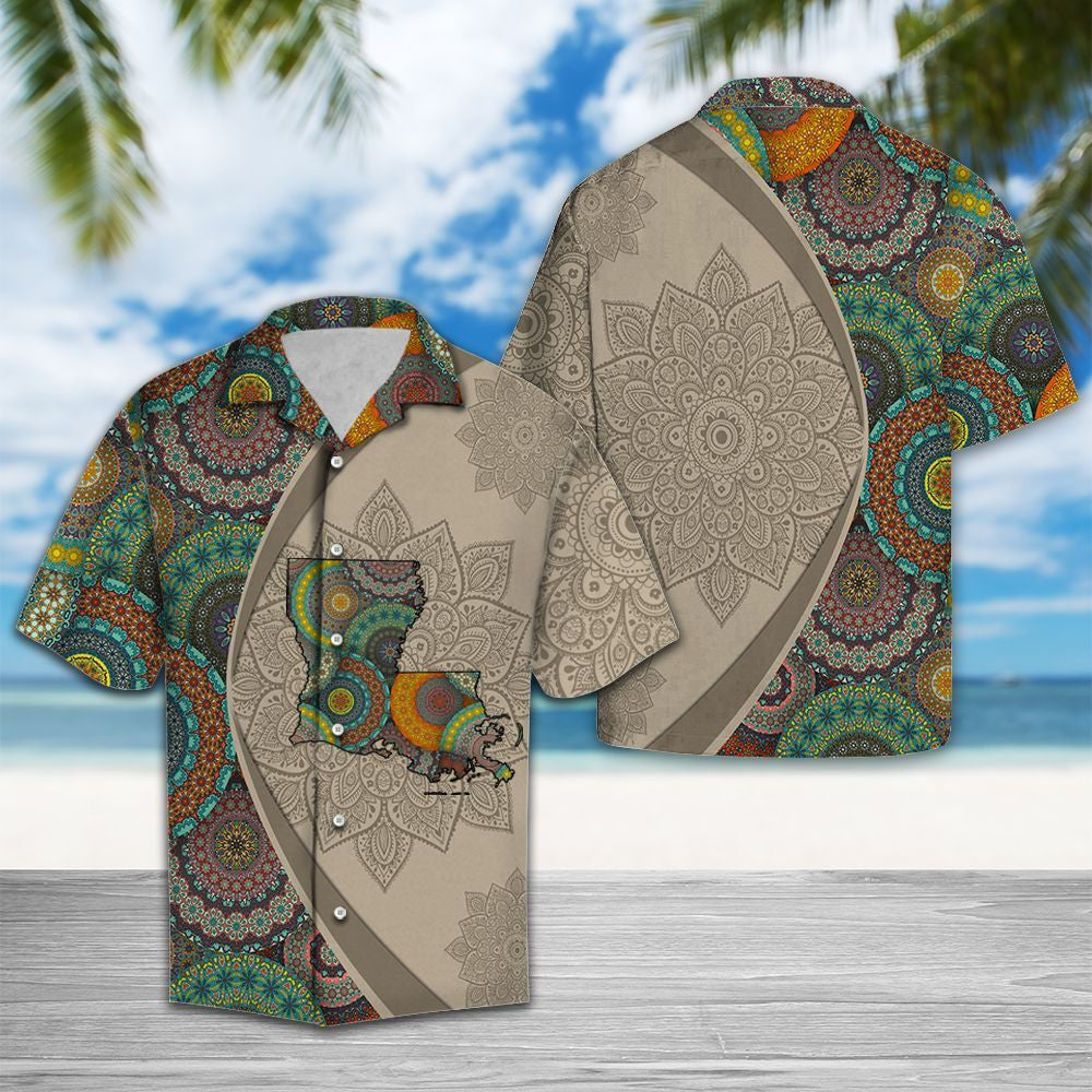 Léarscáil Achomair As Louisiana Mandala Flower Patchwork Pattern Léine Haváís, Bronntanas Léine Haváíais, Bronntanas Nollag