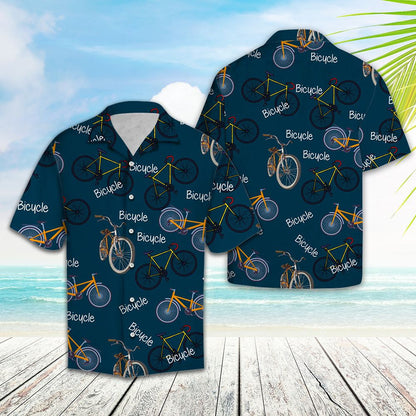Hawaiian Shirt Orange And Yellow Bicycle In Navy, Hawaiian For Gift