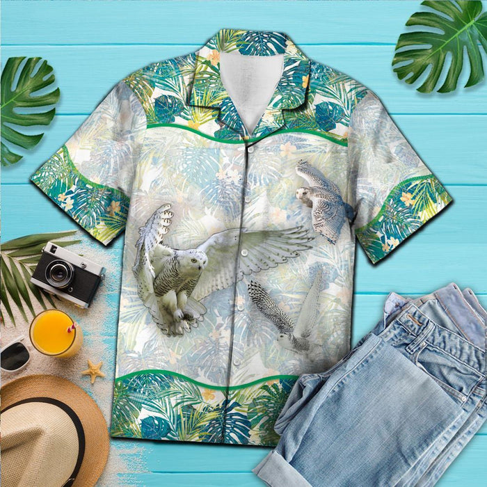 White Owl Flying With Watercolor Tropical Leaves Hawaiian Shirt, Hawaiian Shirt Gift, Christmas Gift